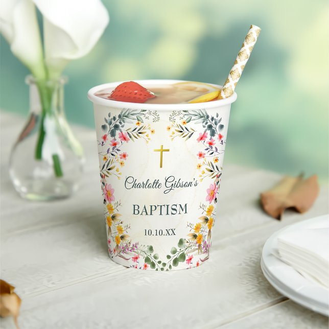 Gobelets En Papier Baptême Fleur sauvage coloré (Créateur téléchargé)