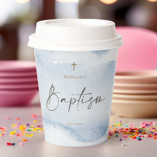 Gobelets en papier baptême garçon aquarelle bleue (Blue Watercolor Boy Baptism Paper Cups)