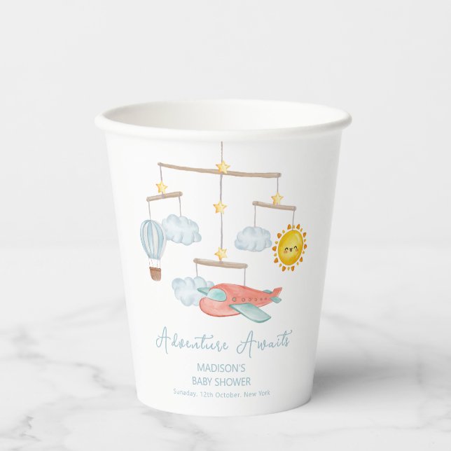 Gobelets En Papier Baptême Montgolfière Avion Aventure  (Recto)