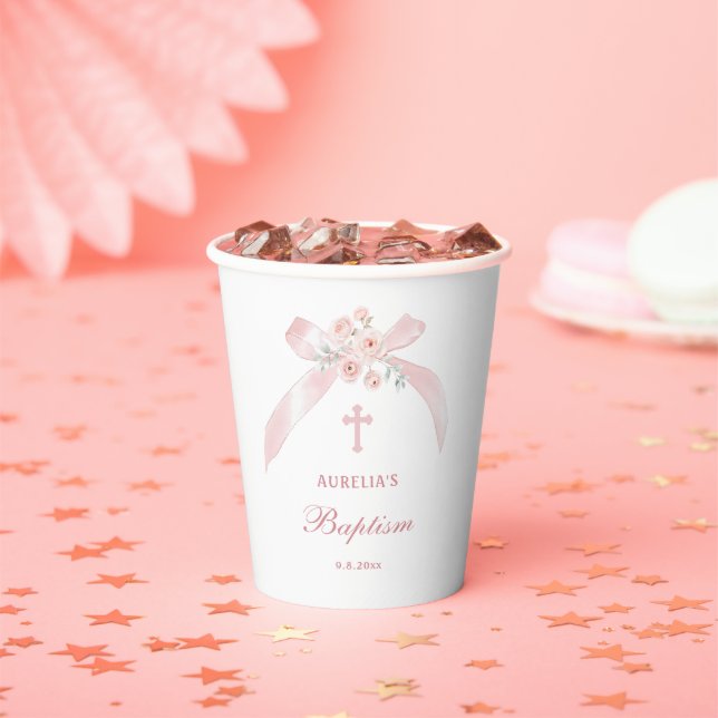 Gobelets En Papier Baptême Ruban Rose Floral (Insitu)