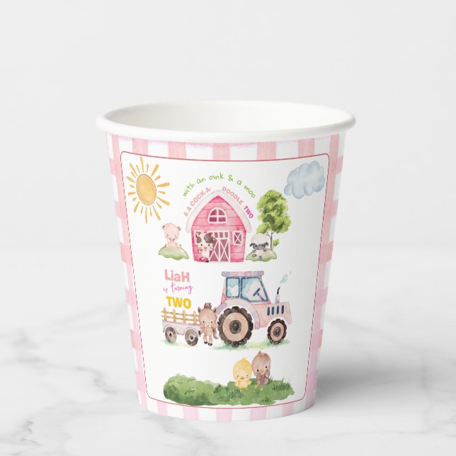 Gobelets En Papier Barnyard Fun Rose 2e Anniversaire  (Recto)