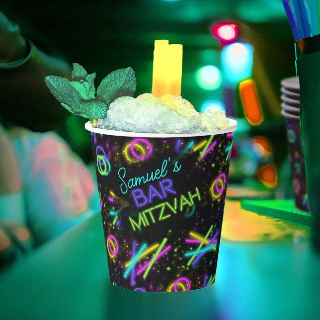 Gobelets En Papier Barre de manchons à lents Neon Mitzvah ID991 (In Situ)
