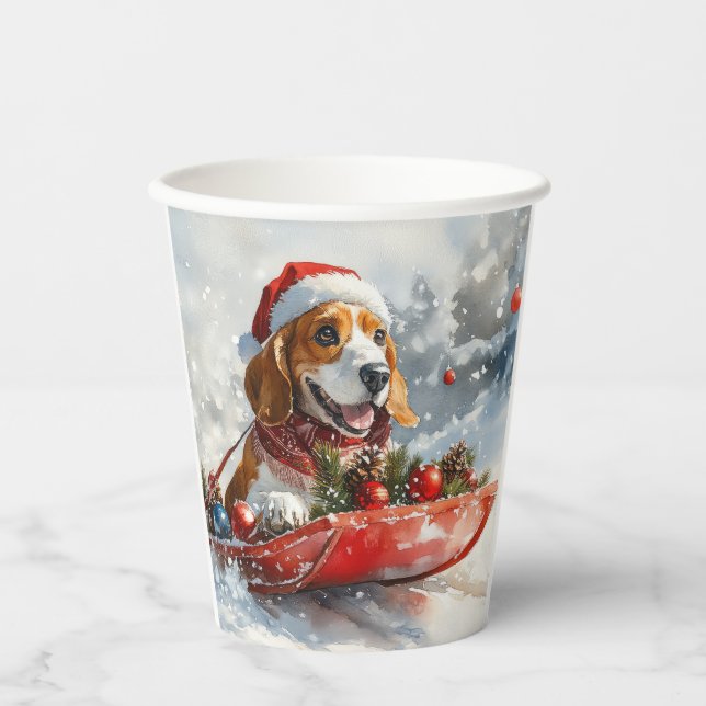 Gobelets En Papier Basset Hound Dog in Sledge Let it Neige Noël (Recto)