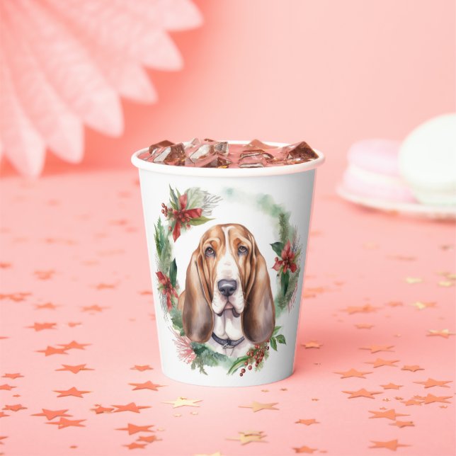 Gobelets En Papier Basset Hound Festive Wreath de Noël Pup (Insitu)