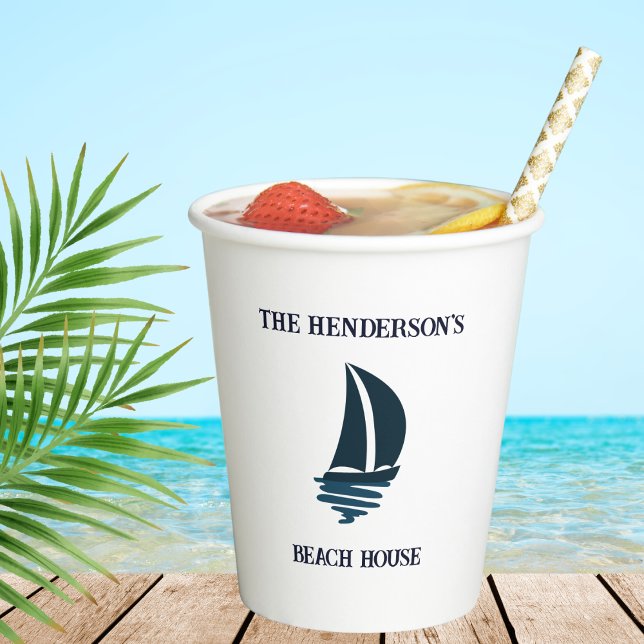 Gobelets En Papier Bateau bleu marine Nautique Famille Beach House (Créateur téléchargé)