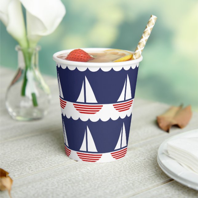 Gobelets En Papier Bateau nautique Motif Marine Bleu et Rouge (Insitu)