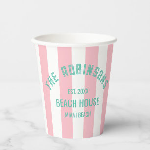 Gobelets En Papier Beach House Nom de famille Pink Cabana Stripe Napk