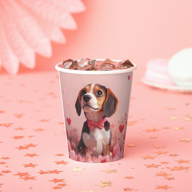 Gobelets En Papier Beagle avec des roses - Saint-Valentin (Insitu)