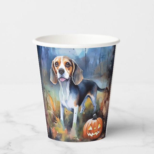 Gobelets En Papier Beagle d'Halloween avec citrouilles effrayant (Recto)