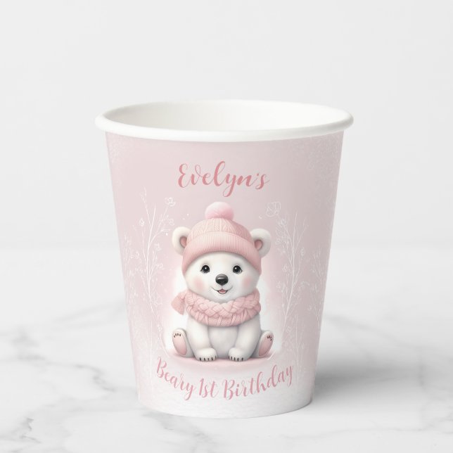 Gobelets En Papier Beary d'hiver 1er anniversaire Ours rose (Recto)