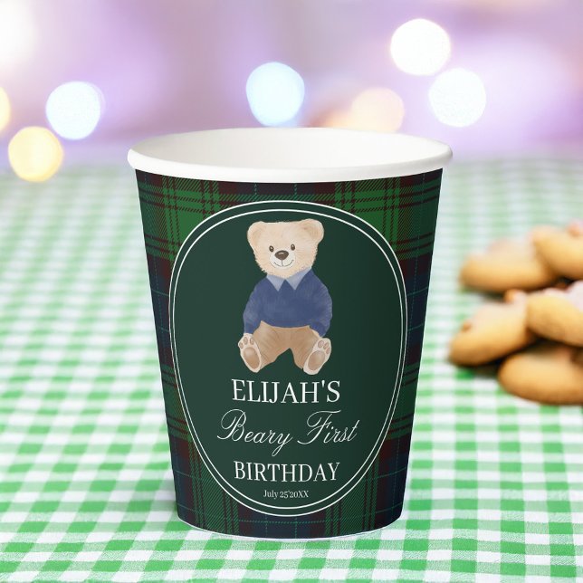 Gobelets En Papier Béary première peluche ours vert plaid fête d'anni (Beary first party green plaid polo teddy bear birthday party printed paper cups personalized decor)