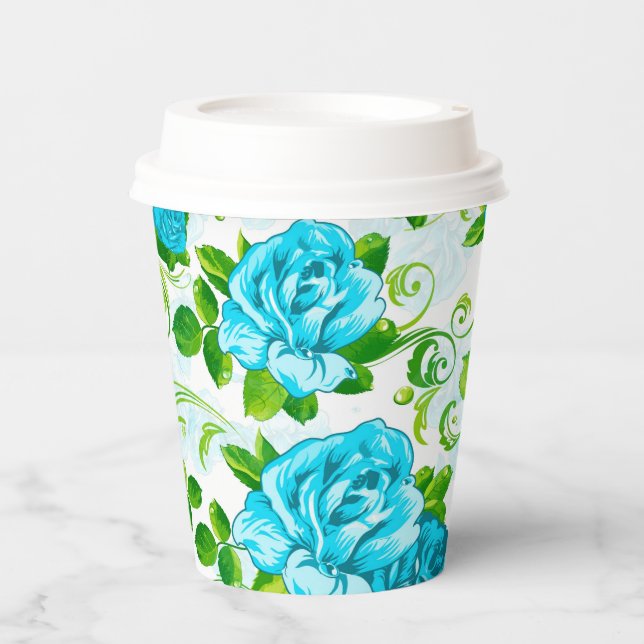Gobelets En Papier Beau Roses Bleus Avec Feuilles Vertes Coupe Papier (Recto)