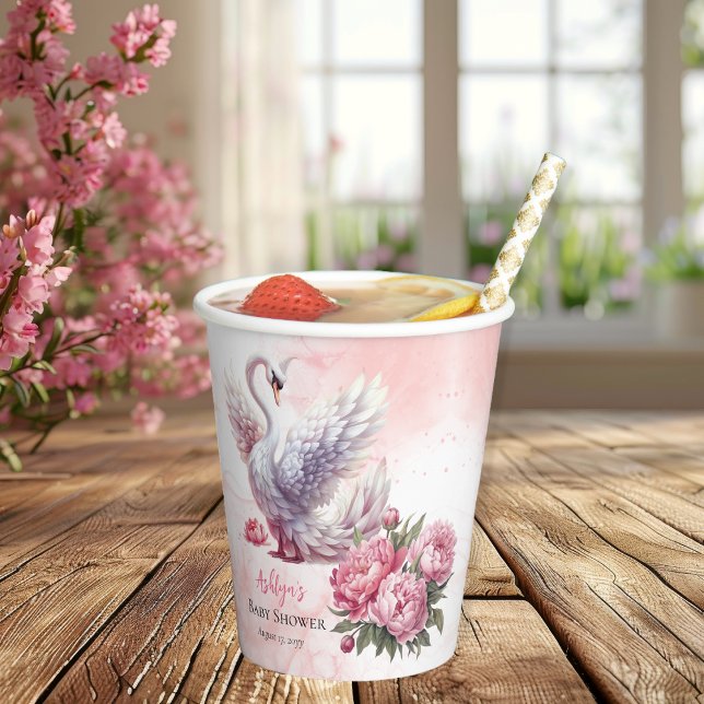 Gobelets En Papier Beau Swan rose Floral Baby shower fille (Beautiful Swan Pink Floral Peonies Girl Baby Shower Paper Cups)