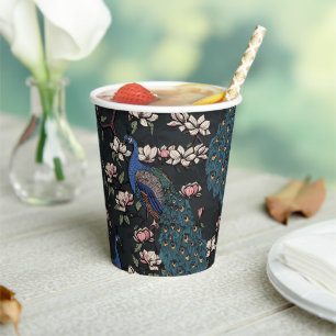 Gobelets En Papier Beaux Paons Bleus & Fleurs de Magnolia Noirs