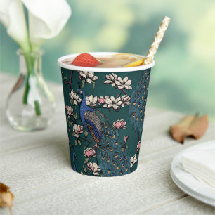 Gobelets En Papier Beaux Paons Bleus & Fleurs de Magnolia Sarcelle