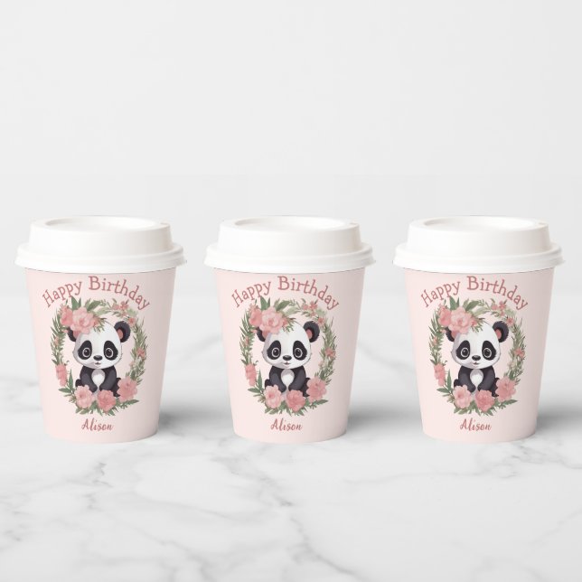 Gobelets En Papier Bébé adorable Panda Ours avec fleurs (Multi)