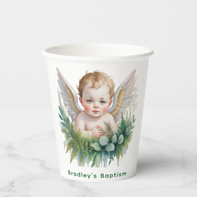 Gobelets En Papier Bébé ange à l'aquarelle avec ailes baptême  (Recto)