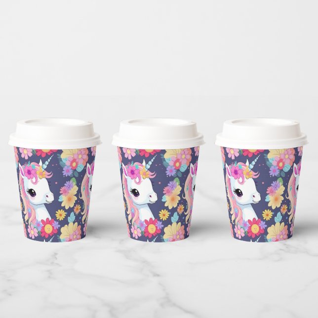 Gobelets En Papier Bébé blanc adorable licorne avec fleurs (Multi)