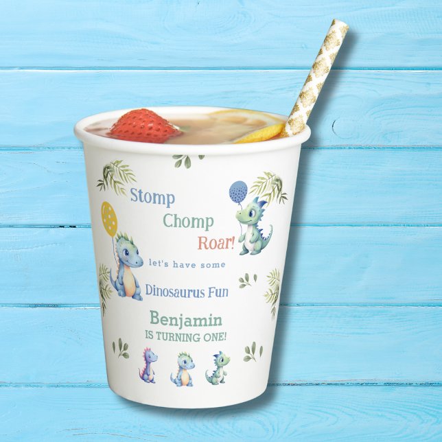 Gobelets En Papier Bébé Bleu Cute Garçon Dinosaur 1er anniversaire fê (Créateur téléchargé)