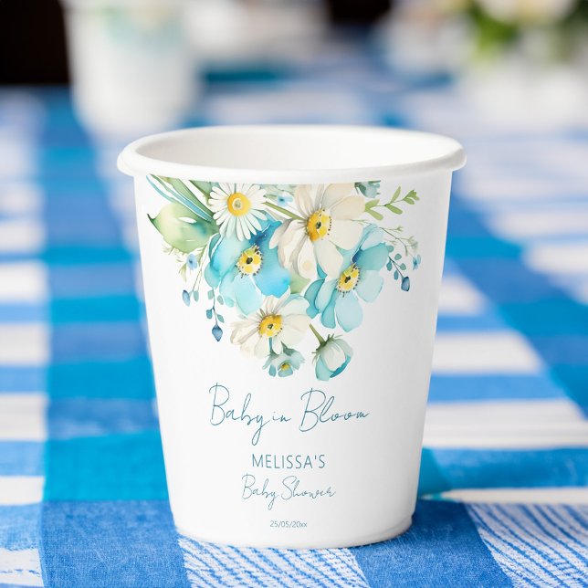 Gobelets En Papier Bébé en fleur printemps baby shower d'été vaissell (Baby in bloom spring summer baby shower tableware personalized paper cups blue daisy wildflowers)
