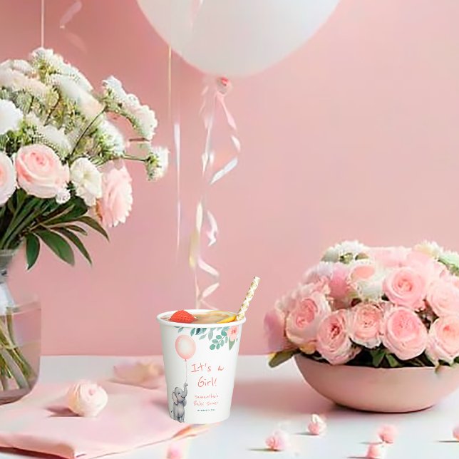 Gobelets En Papier Bébé mignon éléphant & Baby shower fille à ballons (Créateur téléchargé)