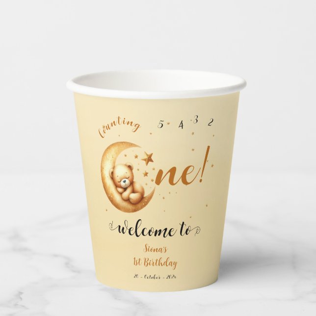 Gobelets En Papier Bébé mignon Ours dormant sur la Lune 1er anniversa (Recto)
