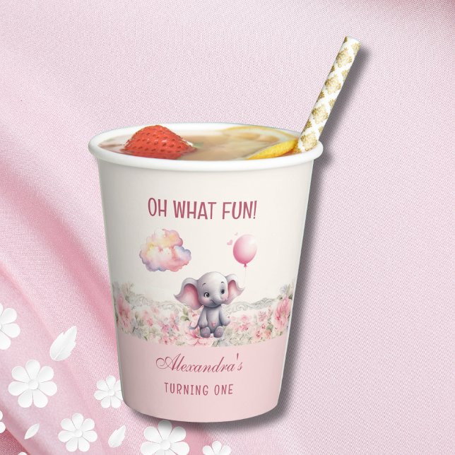 Gobelets En Papier Bébé rose mignonne fille éléphant 1er anniversaire (Créateur téléchargé)