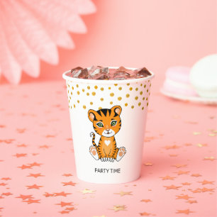 Gobelets En Papier Bébé Tigre Sauvage Dessin Animé & Confettis Dorés