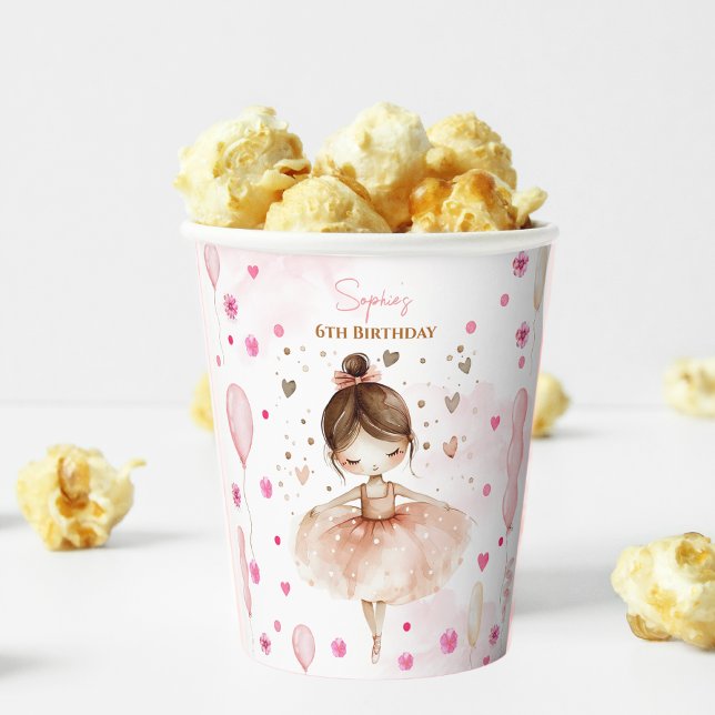 Gobelets En Papier Belle ballerine rose et ballons anniversaire (Créateur téléchargé)