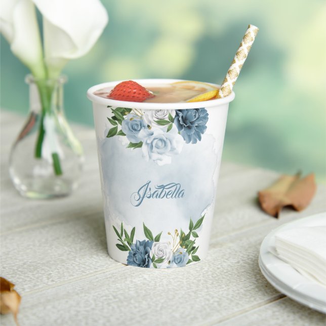 Gobelets En Papier belle couleur bleue fleurs verdure (Insitu)