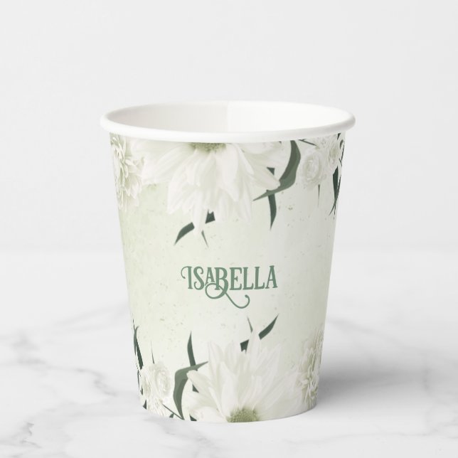 Gobelets En Papier Belles fleurs blanches feuilles vertes (Gauche)