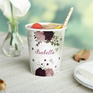 Gobelets En Papier belles fleurs bordeaux rose verdure