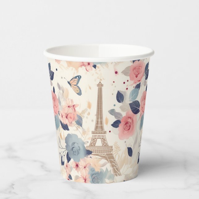 Gobelets En Papier Belles Fleurs et Tour Eiffel Paris (Gauche)