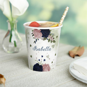 Gobelets En Papier belles fleurs roses et bleues marine