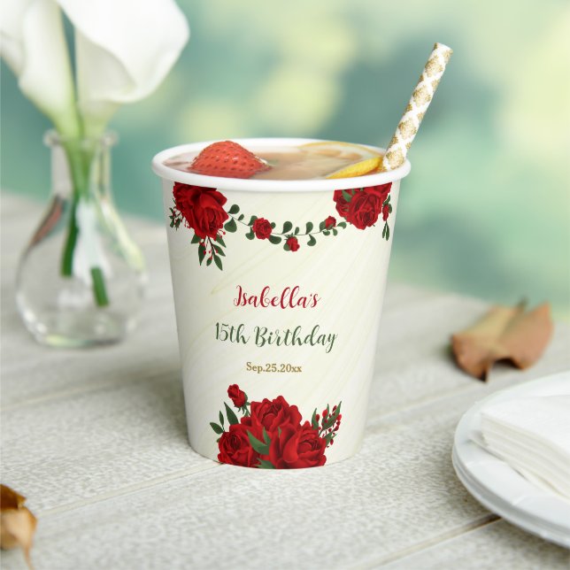 Gobelets En Papier belles fleurs rouges verdure mariage  (Insitu)