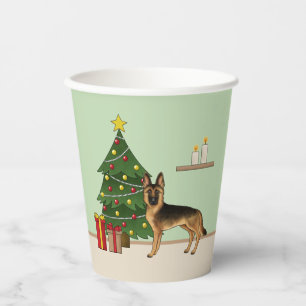 Gobelets En Papier Berger Allemand Noir et Feu et un Arbre de Noël