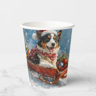 Gobelets En Papier Berger Australien en Traîneau Noël
