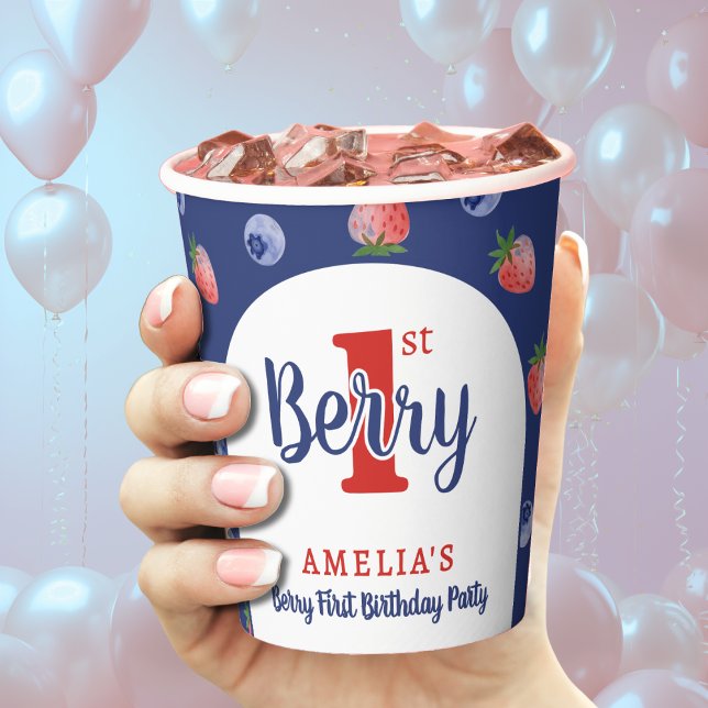 Gobelets En Papier Berry 1er Anniversaire Fraise Bleu bleuet fraise (Berry 1st Birthday Party Strawberry Blueberry Blue Paper Cups
)