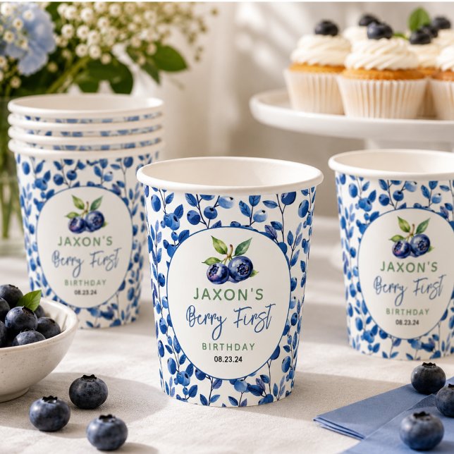 Gobelets En Papier Berry First Fête d'anniversaire de première année  (Berry First Blueberry 1st Birthday Party Paper Cups)