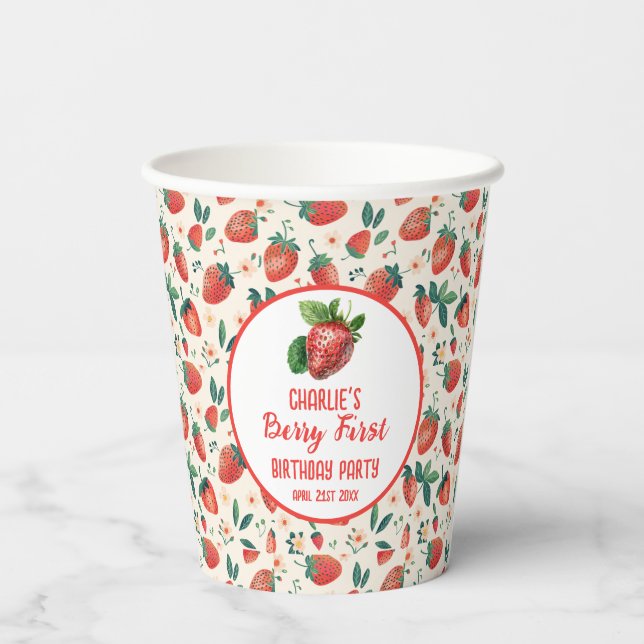 Gobelets En Papier Berry First Strawberry Girl 1er anniversaire fête (Verso)