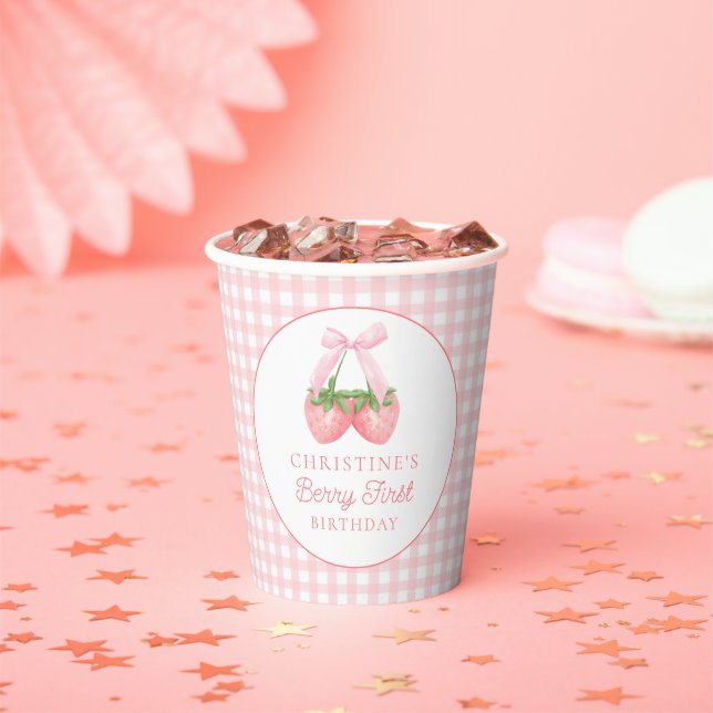 Gobelets En Papier Berry First Strawberry Pink Bow 1er anniversaire (Insitu)