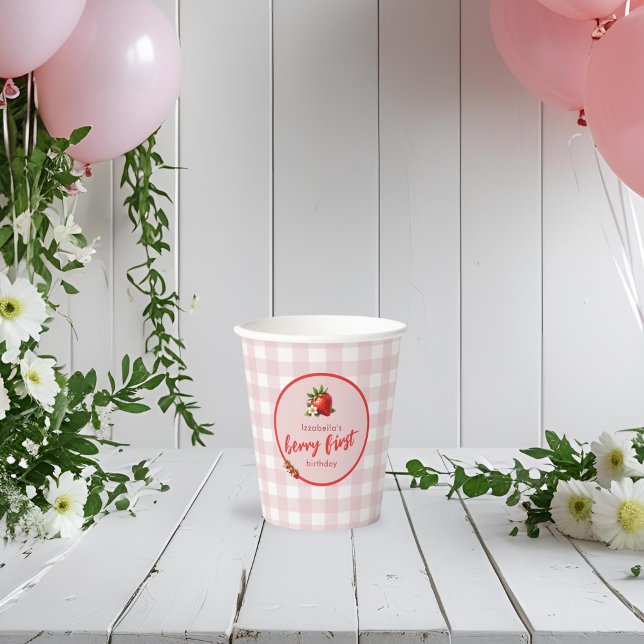 Gobelets En Papier Berry fraise Premier Anniversaire En vichy rose (Berry First Strawberry FIrst Birthday Party Paper Cup)