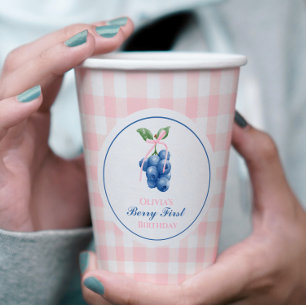 Gobelets En Papier Berry Premier anniversaire de bleuets Pink Bow En