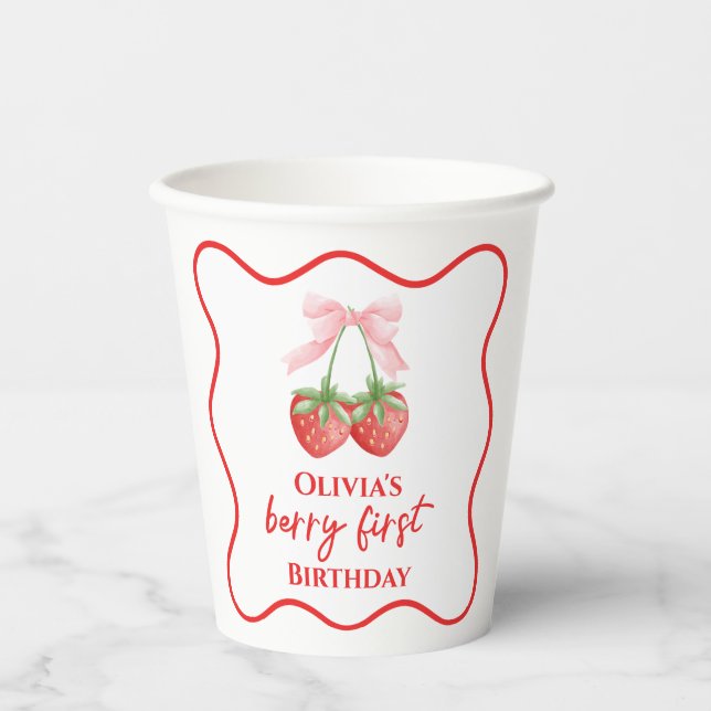 Gobelets En Papier Berry premier anniversaire de fraise Rose Bow (Recto)