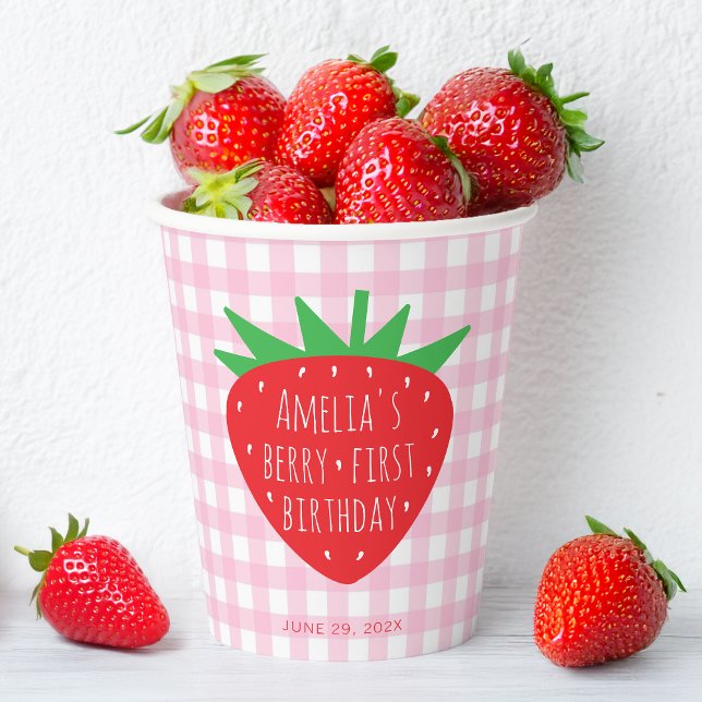 Gobelets En Papier Berry Premier Anniversaire Fille Fraise rose Plaid (Créateur téléchargé)