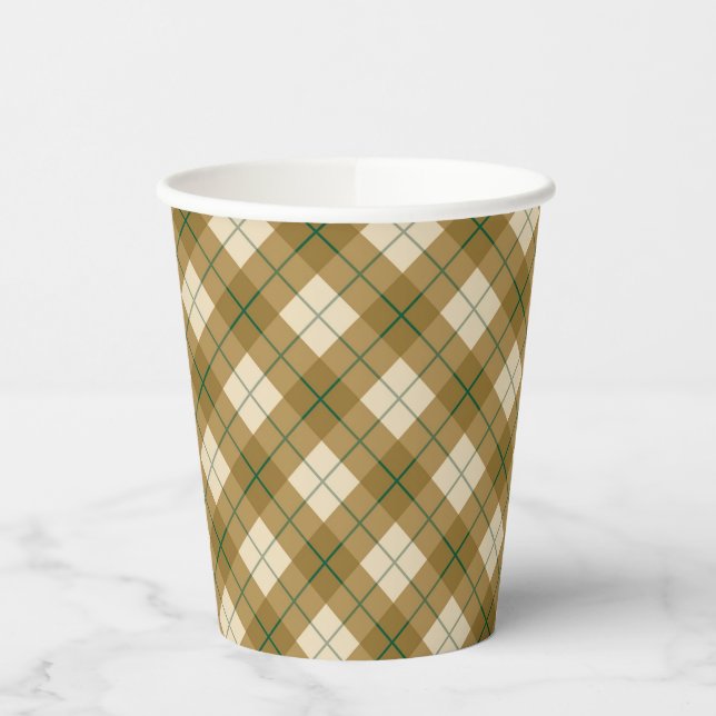 Gobelets En Papier Biais Plaid en or avec bande verte (Gauche)