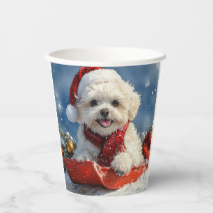 Gobelets En Papier Bichon Frise en traîneau 'Qu'il neige' Noël