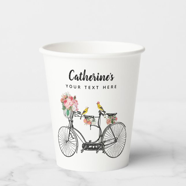 Gobelets En Papier Bicyclette Vintage Romantique Fleurs Oiseaux (Recto)