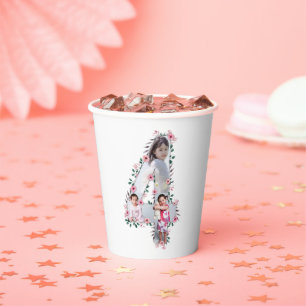 Gobelets En Papier Big 4th Birthday Girl Photo Collage Fleur rose