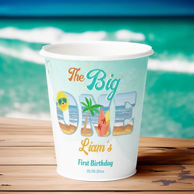 Gobelets En Papier Big One surf plage été anniversaire vaisselle (Big One surfing beach summer birthday party personalized tableware monogram printed Paper Cups)